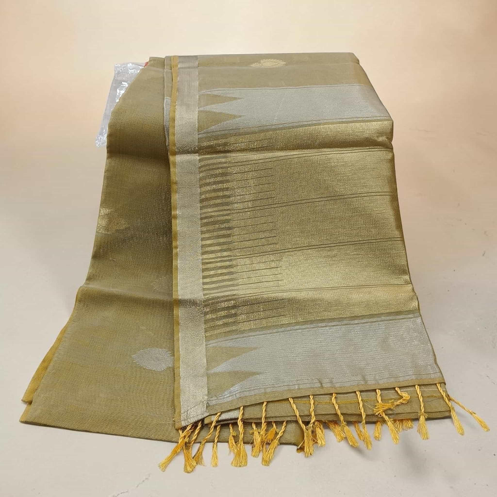 City Center tissue cotton saree in metallic gold with silver border and delicate tassel details