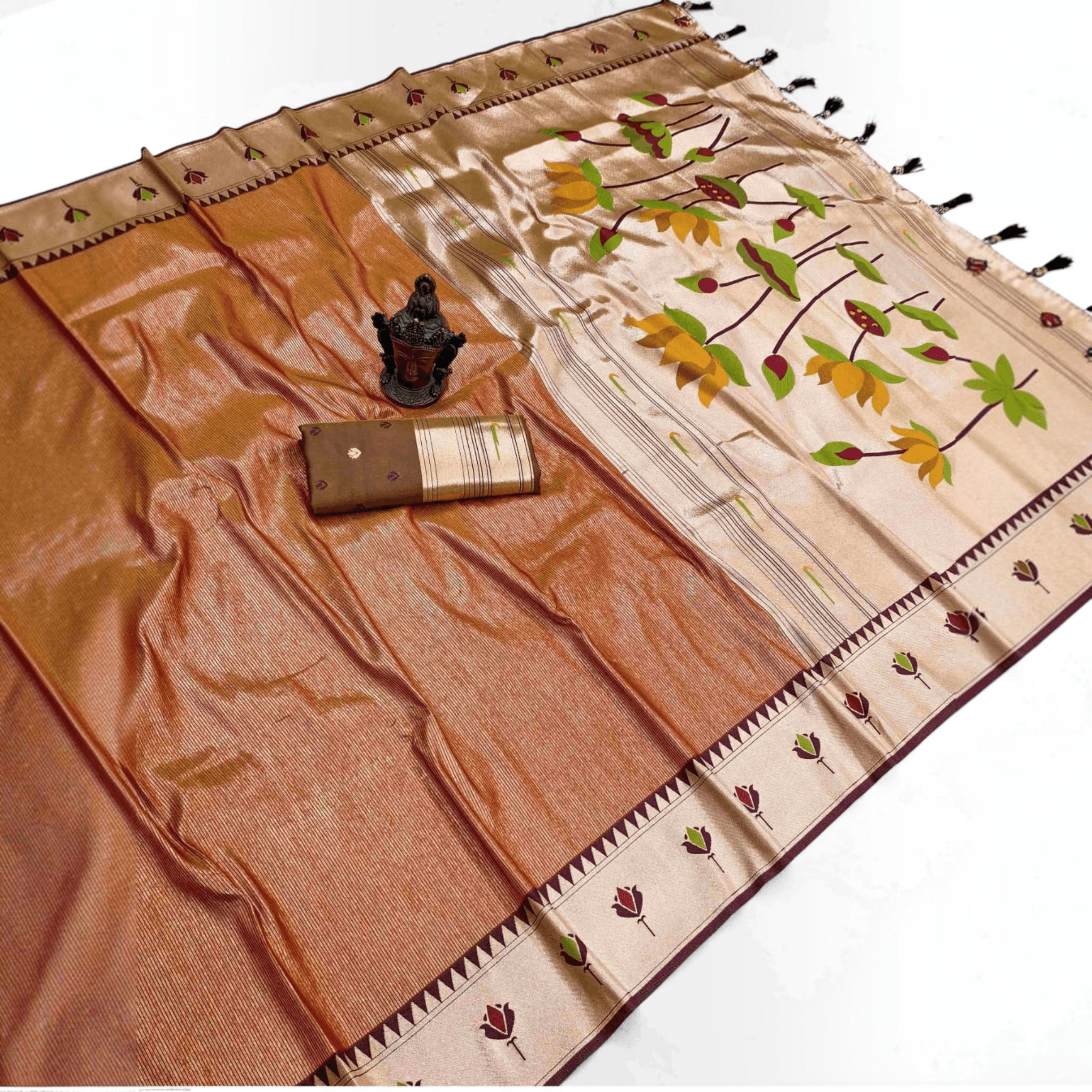 City Center Apratim tissue Paithani saree in copper with lotus motifs, intricate border, and matching blouse piece.