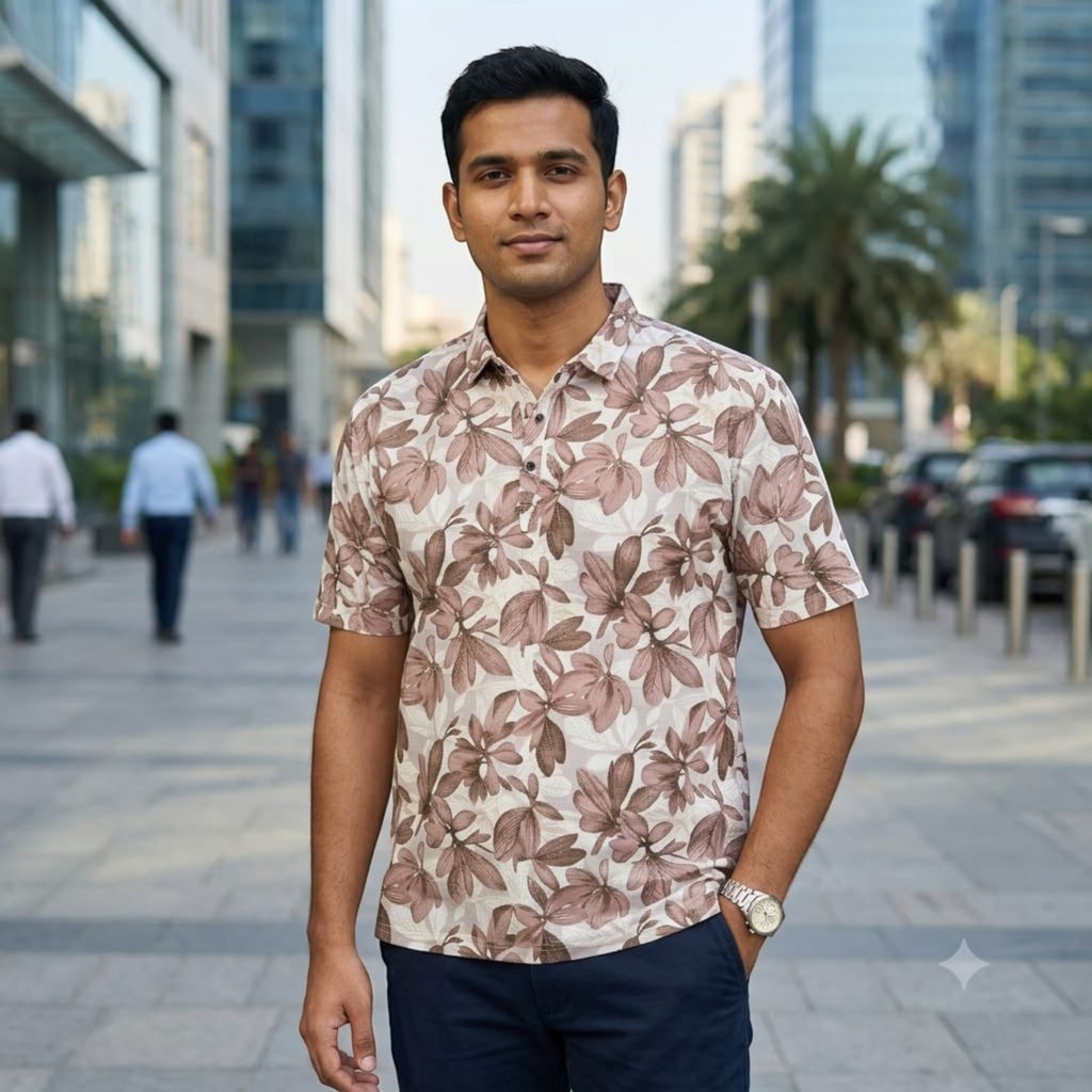 City Center TMG premium men's short-sleeve polo shirt with a brown floral print, worn by a man in an urban setting.