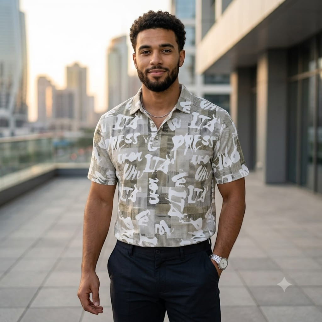 City Center TMG premium men's short-sleeve polo shirt with a beige and white graphic print on a city rooftop