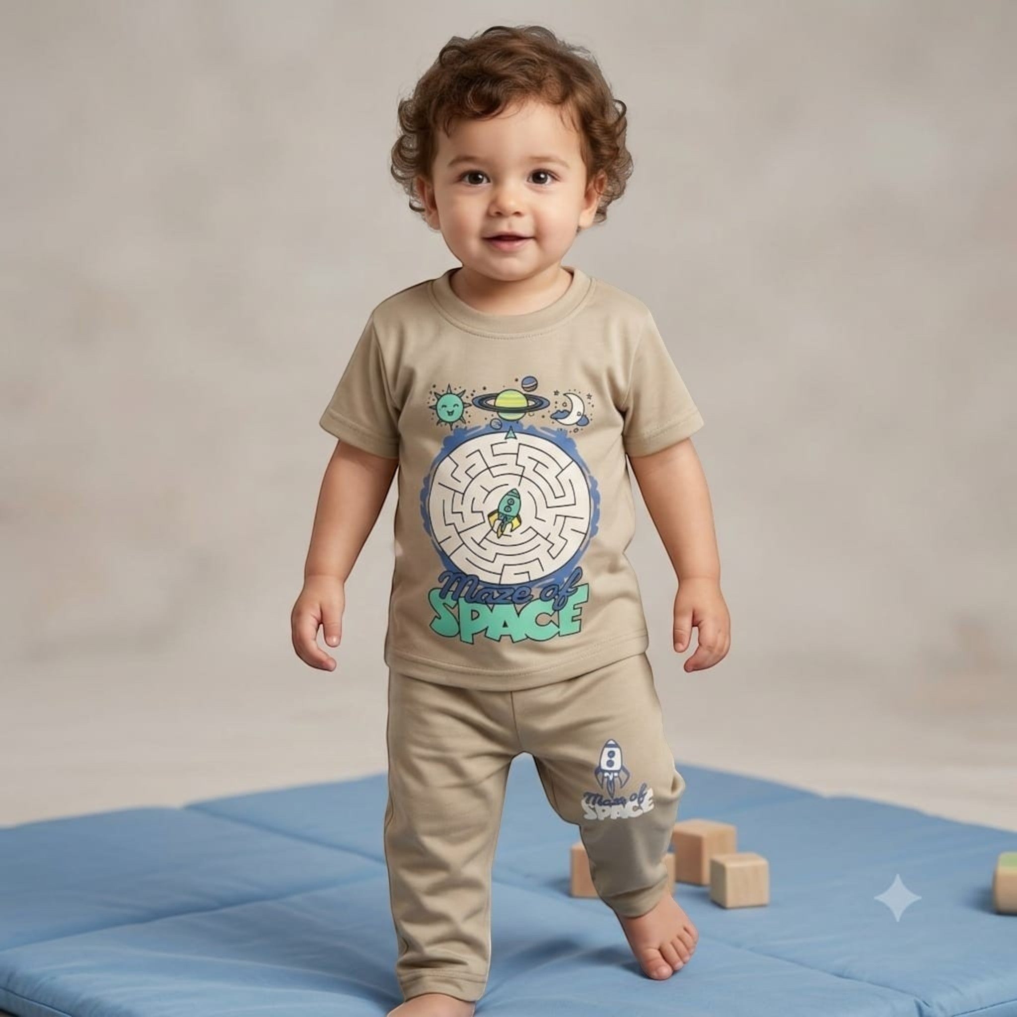Toddler wearing a City Center beige short-sleeve t-shirt and pants set with a space maze graphic print