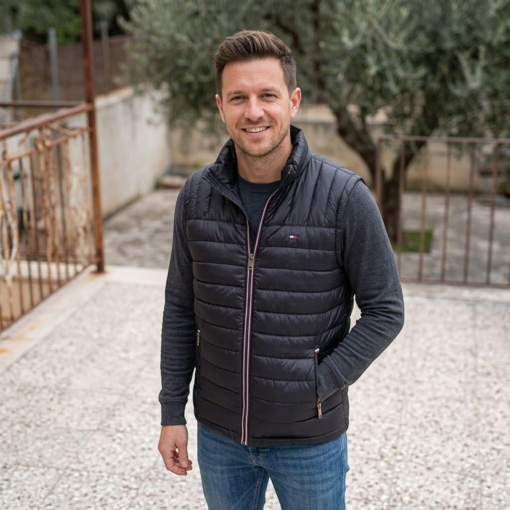 City Center man wearing a black Tommy Hilfiger quilted puffer vest over a grey sweater and blue jeans outdoors