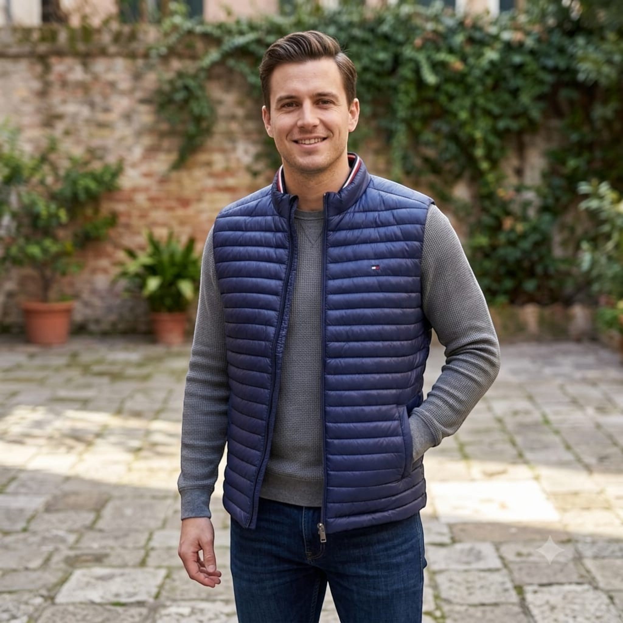City Center model wearing a navy blue Tommy Hilfiger quilted puffer vest over a grey sweater in an outdoor courtyard