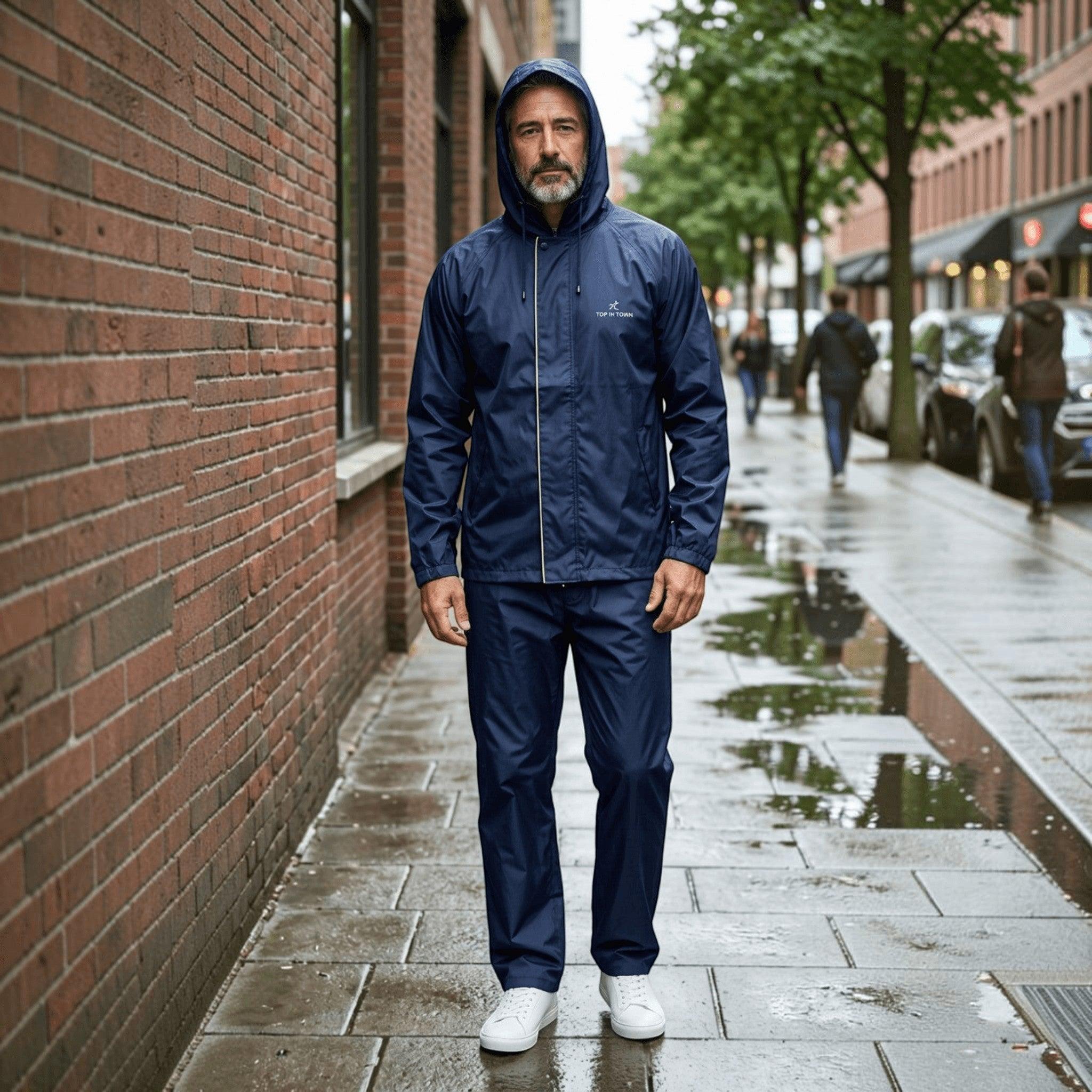 City Center Top In Town navy blue waterproof raincoat set with hood worn by a man on a rainy city street