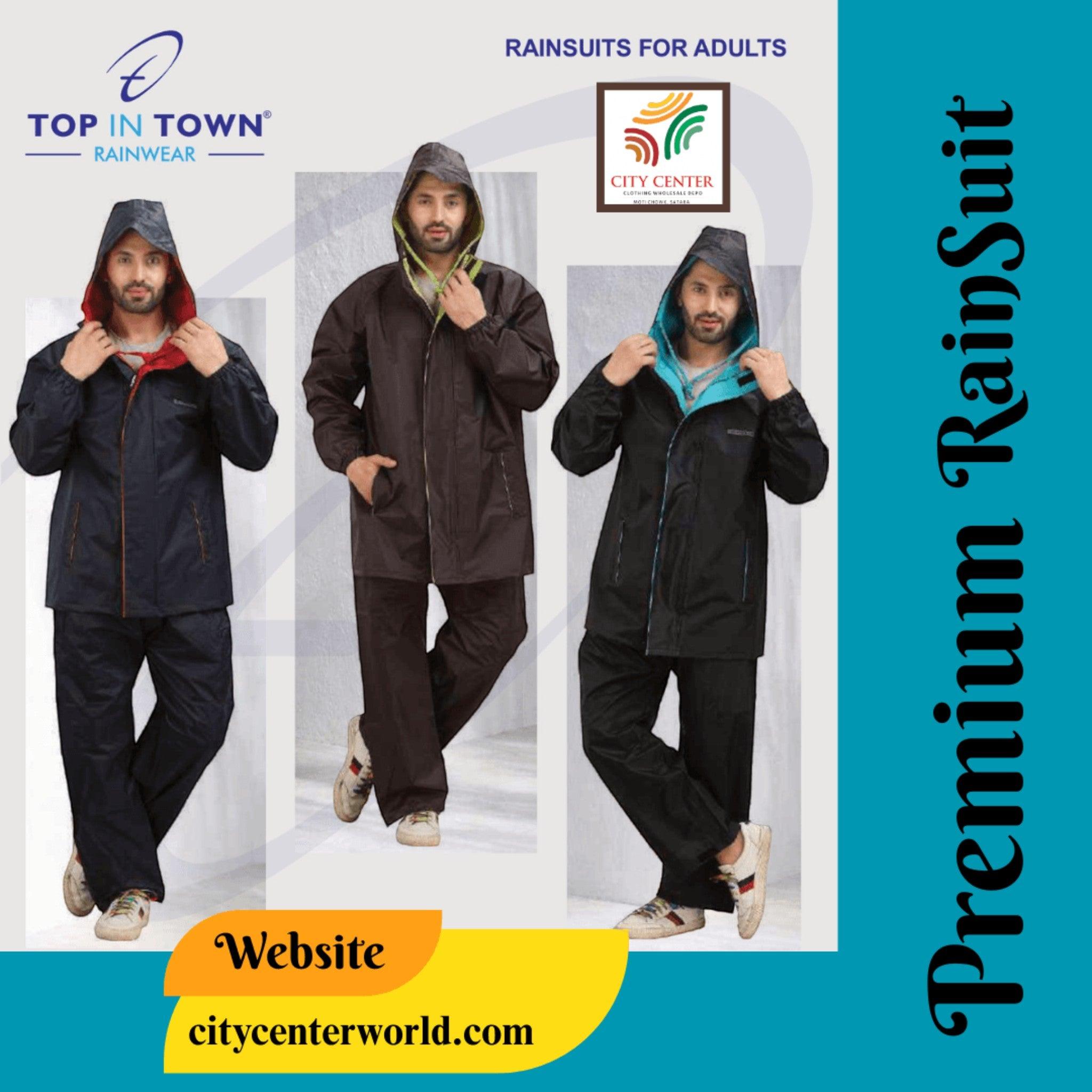 City Center Top N Town premium men's waterproof rainsuit set in black with contrast hood linings and reflective details.