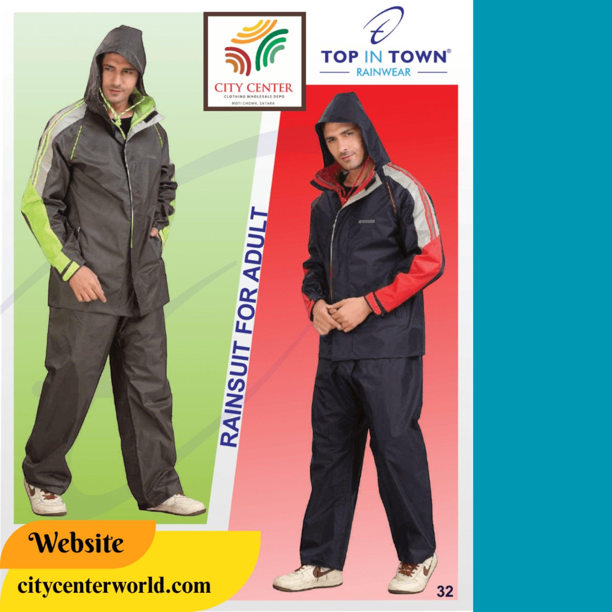 City Center Top n Town Pulsar waterproof rain suit with reflective strips, hooded jacket, and trousers for adults.