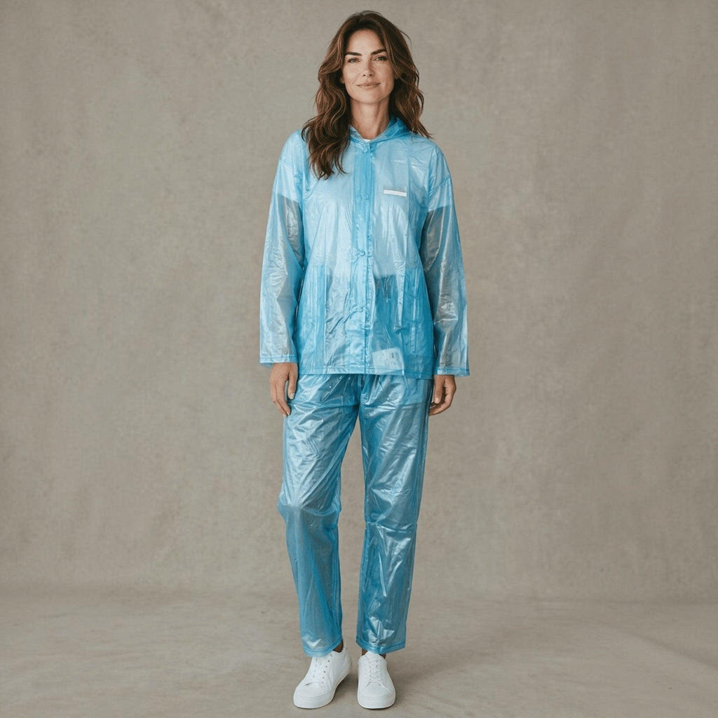 City Center Top In Town Transline Series transparent blue raincoat set with hooded jacket and trousers on a model