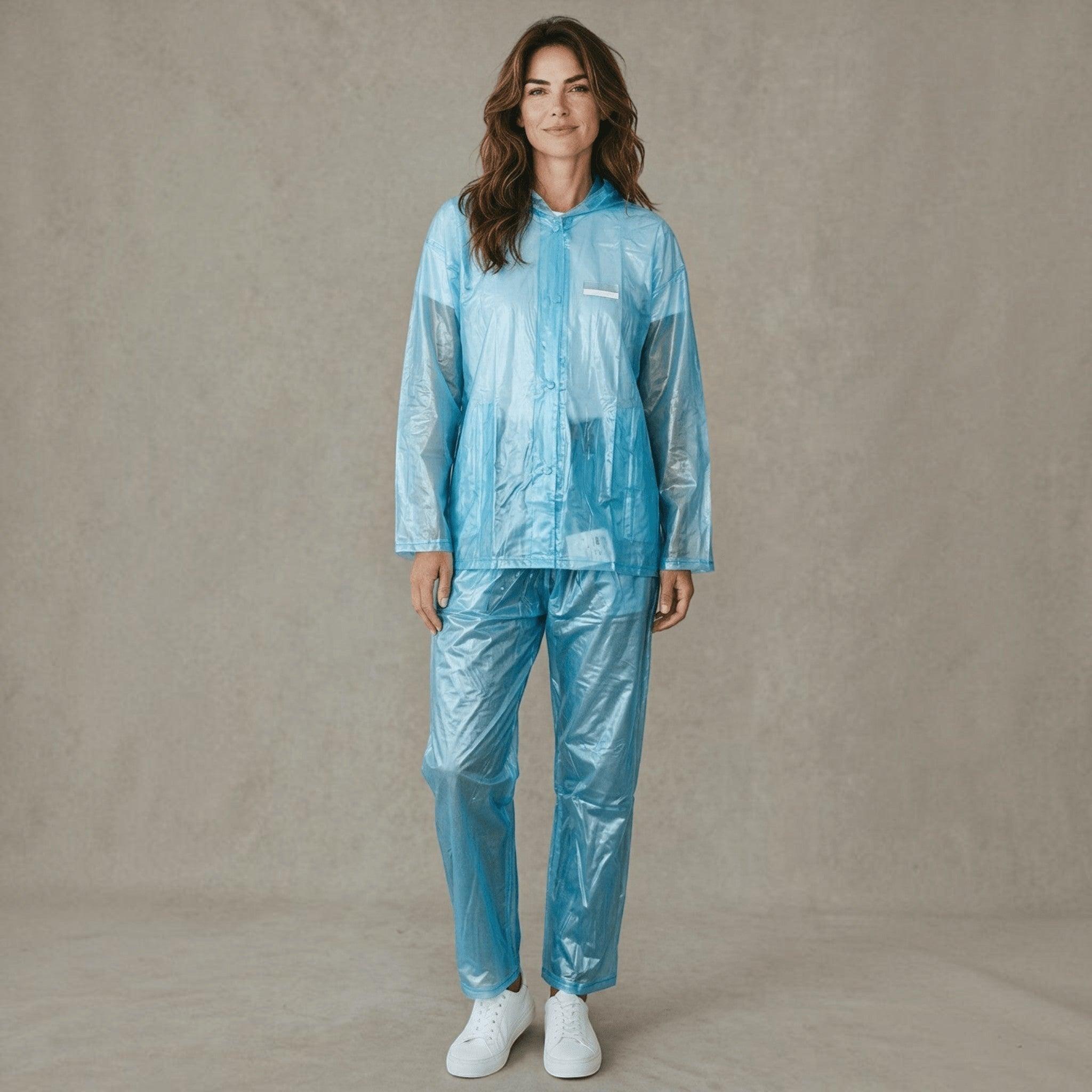 City Center Top In Town Transline Series transparent blue raincoat set with hooded jacket and trousers on a model