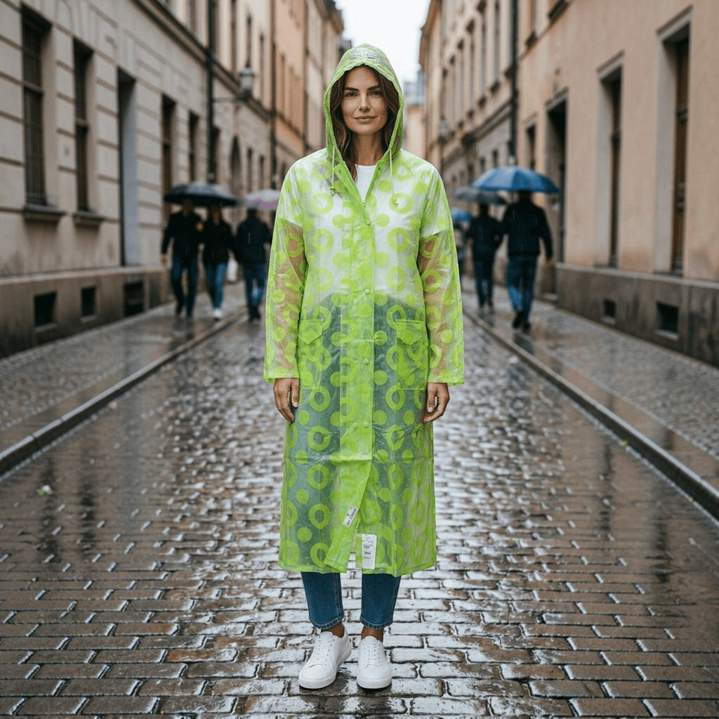 City Center transparent neon green patterned EVA raincoat worn by a woman on a rainy cobblestone city street
