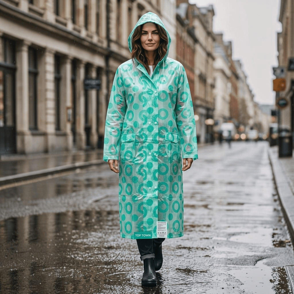 City Center Top In Town transparent mint green patterned EVA raincoat with hood worn by a woman on a rainy city street