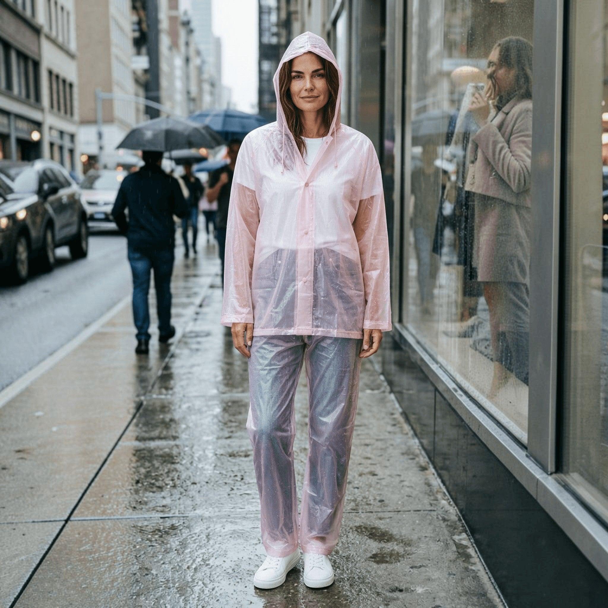 City Center Top In Town Transline Series transparent pink raincoat set worn by a woman on a rainy city street
