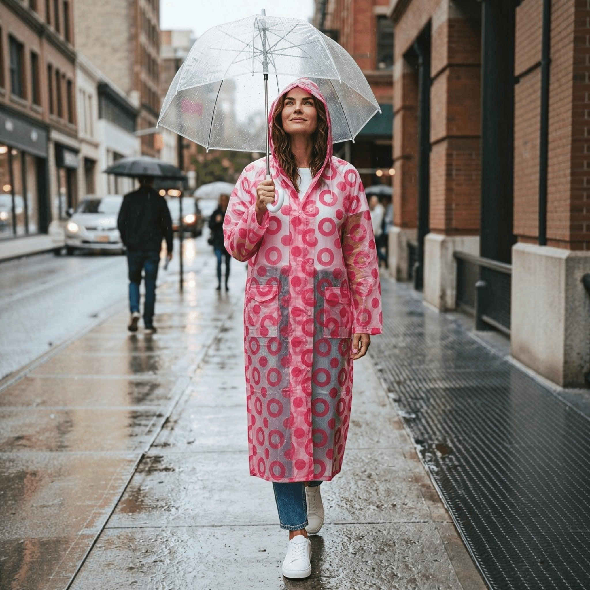 City Center Top In Town transparent pink patterned raincoat with hood worn by a woman holding a clear umbrella