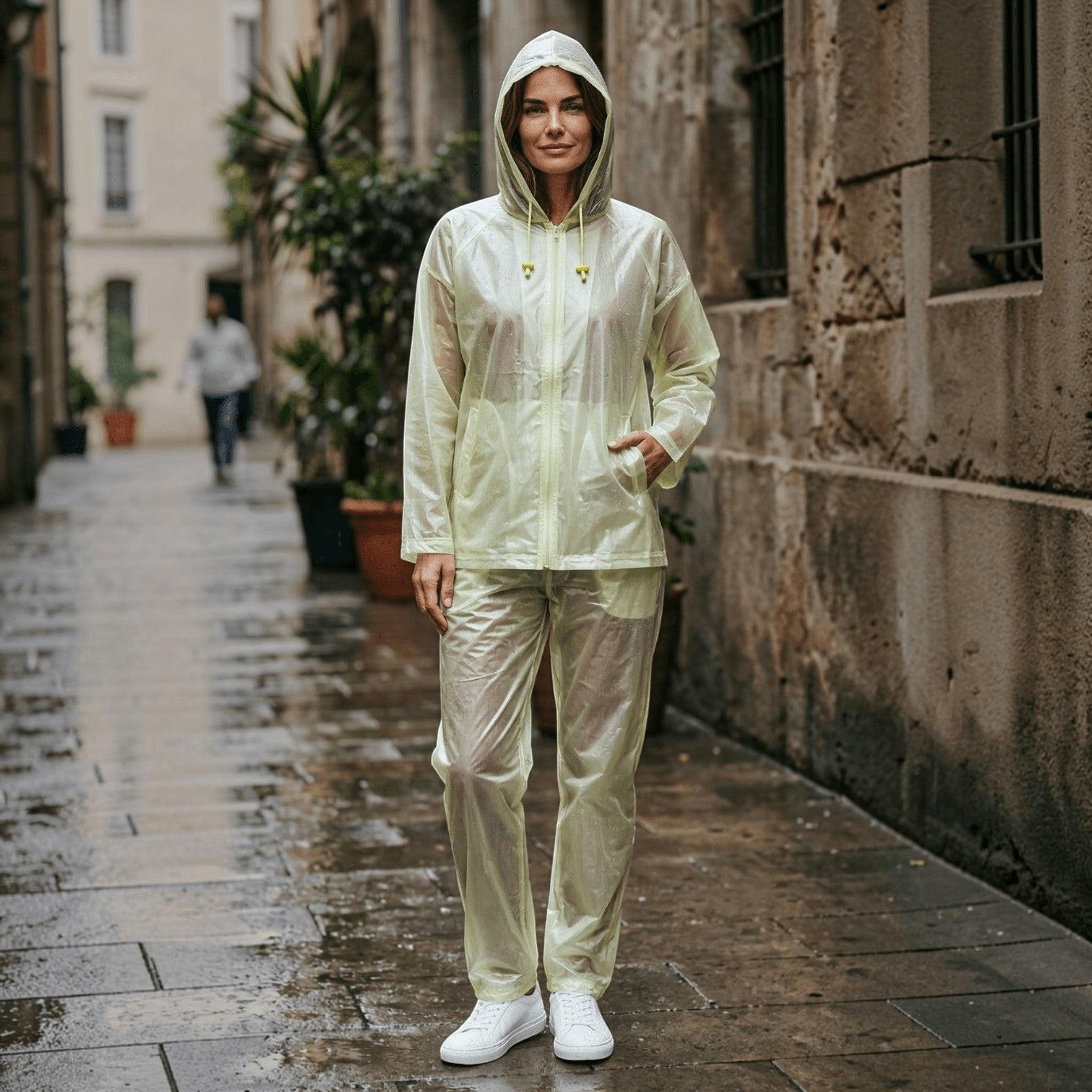 City Center Top In Town Transline Series transparent raincoat set with hooded jacket and trousers on a woman