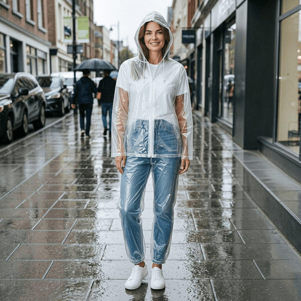 City Center Top In Town Transline transparent hooded raincoat and trousers set worn by a woman on a rainy city street.