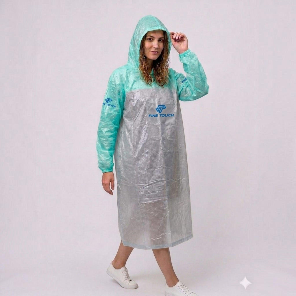 City Center transparent waterproof EVA poncho with mint green hood and sleeves worn by a woman on a white background