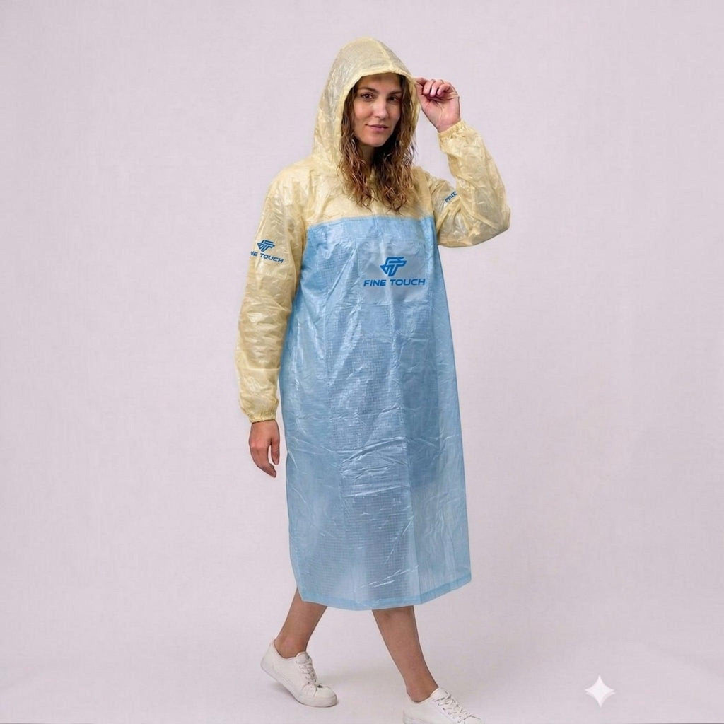City Center transparent waterproof poncho with yellow hood and blue body, featuring Fine Touch branding.