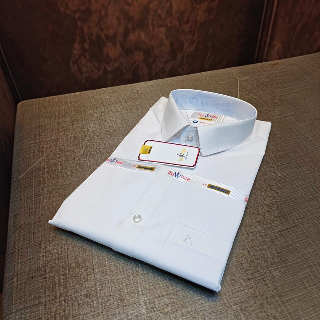City Center TruWhite by SPEED white formal cotton button down shirt with a structured collar and chest pocket detail.