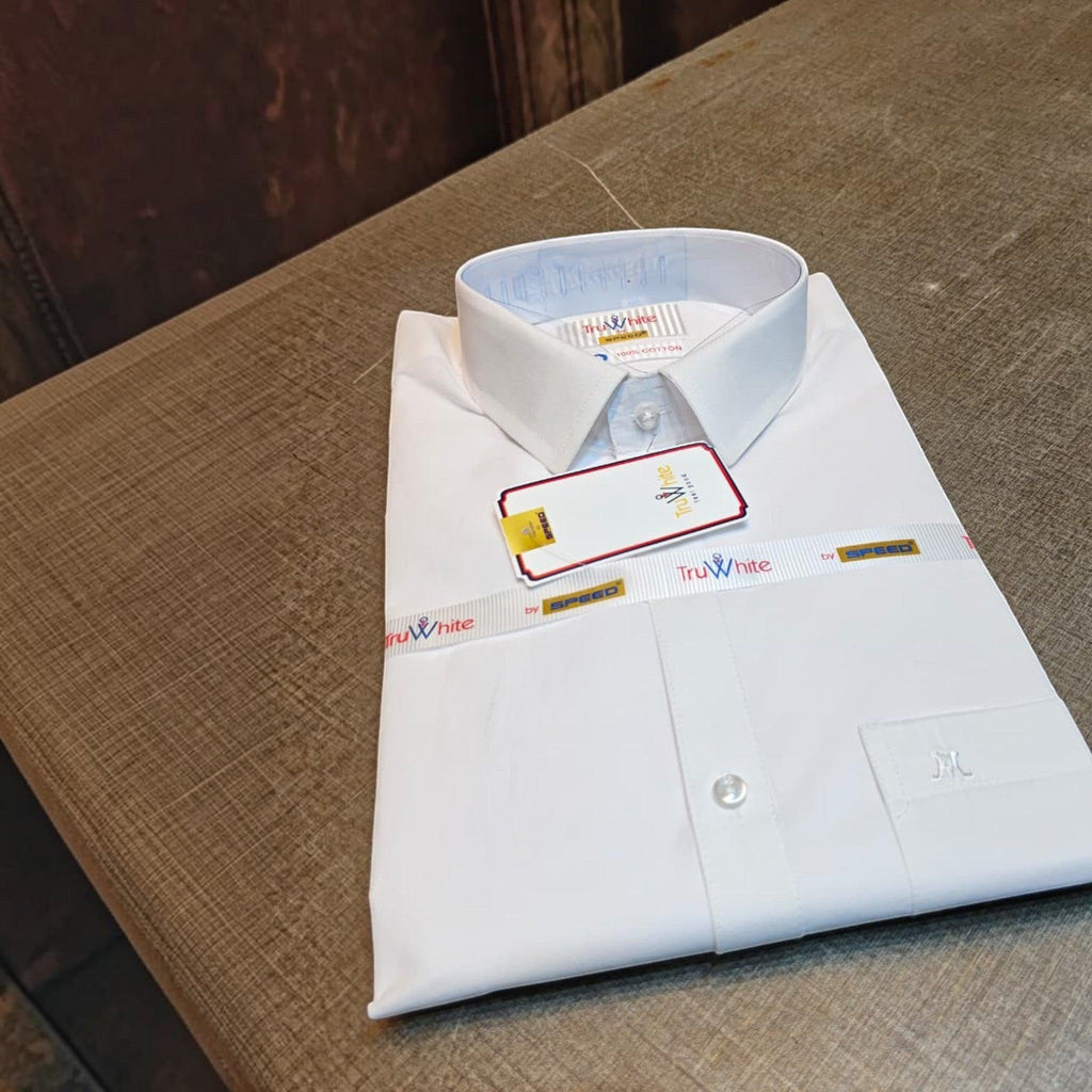City Center TruWhite by SPEED white formal cotton button down shirt with structured collar and chest pocket detail