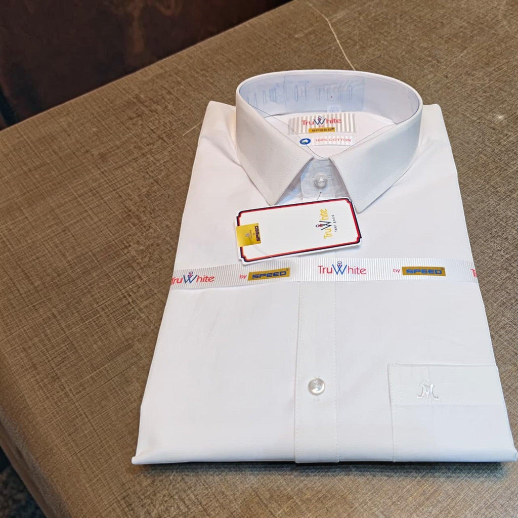 City Center TruWhite by SPEED crisp white formal cotton button-down shirt with structured collar and chest pocket.