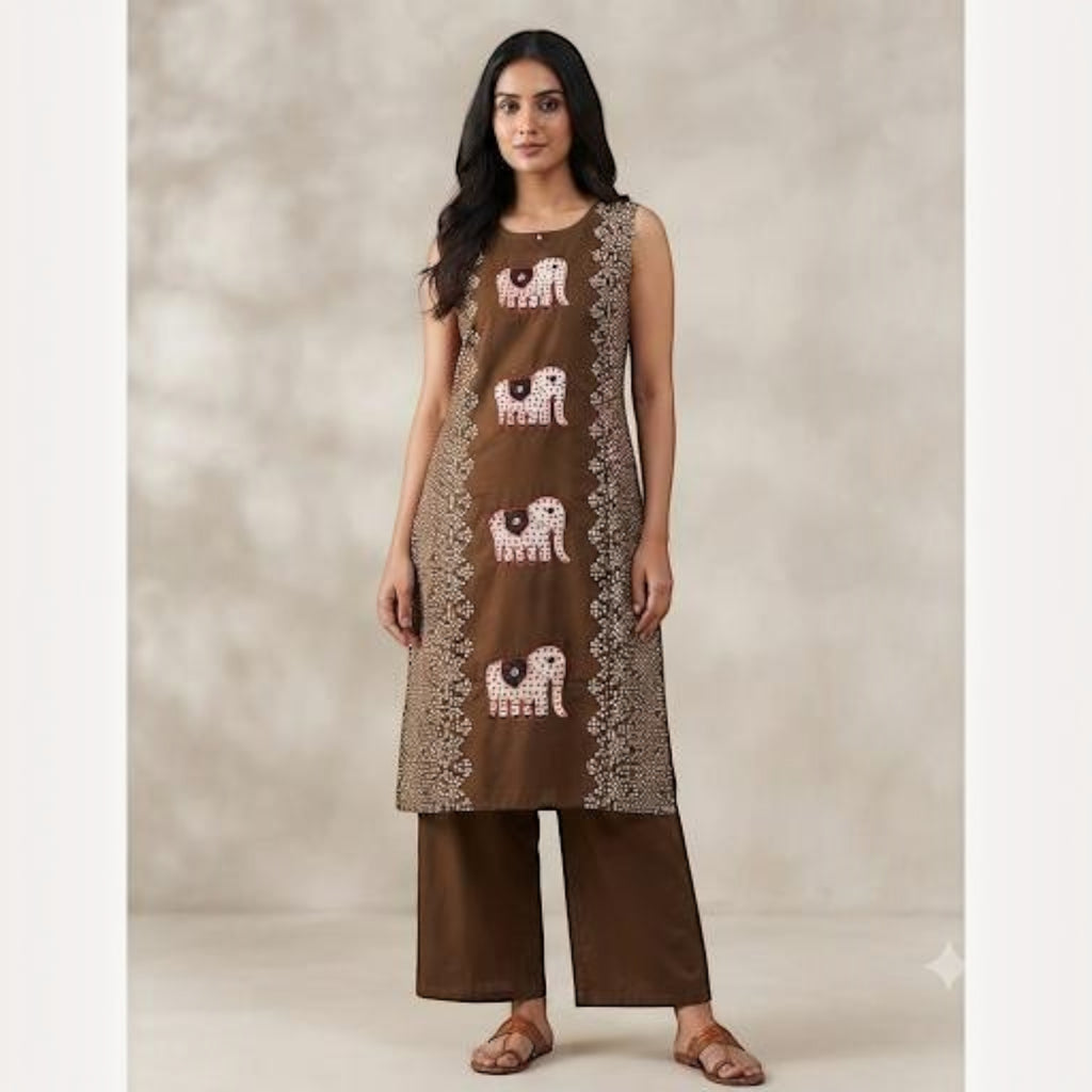 City Center Premium Vatican co-ord set featuring a brown sleeveless tunic with elephant motifs and matching trousers.
