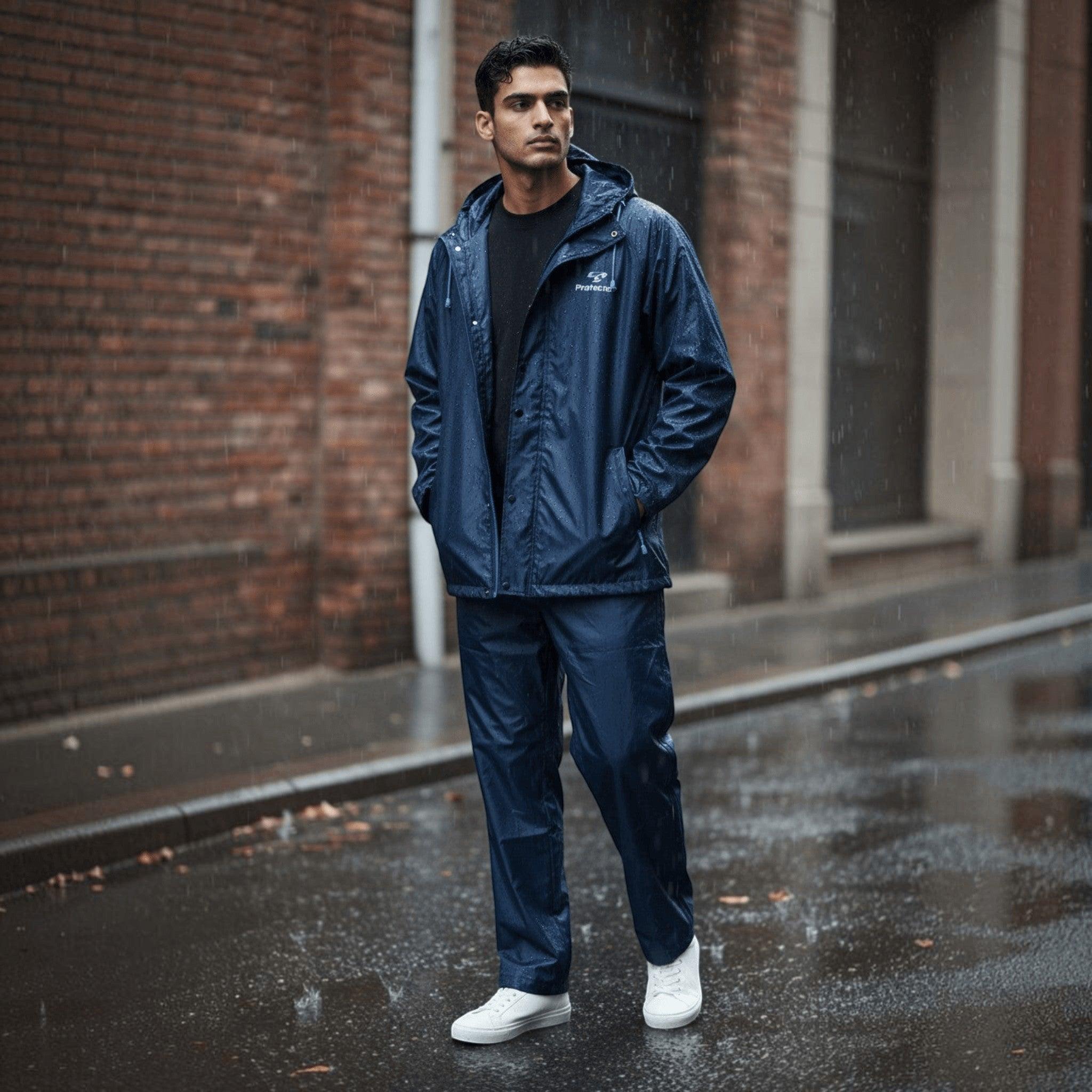 City Center Fine Touch waterproof navy blue raincoat set worn by a man standing in the rain on a city street.