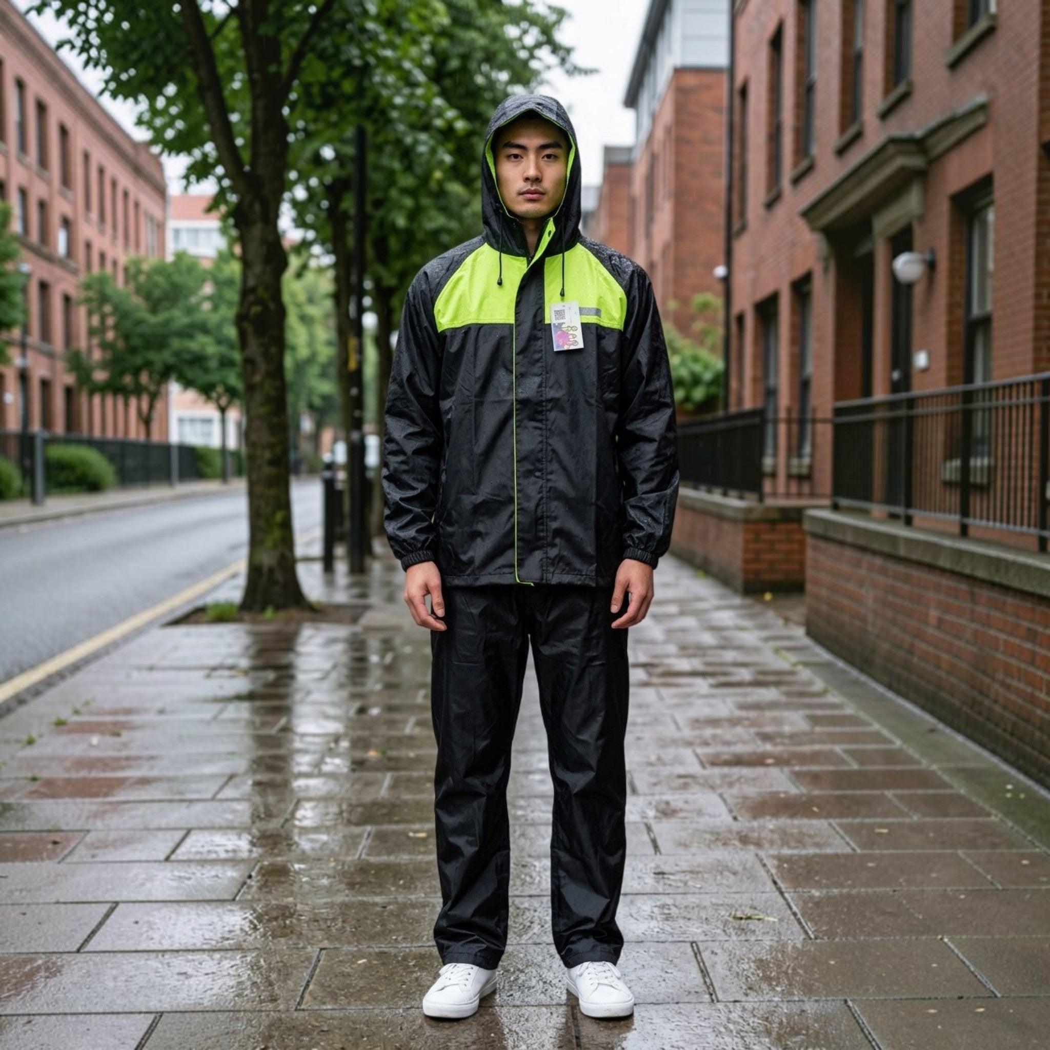 City Center Top n Town waterproof rain suit with reflective strips, hooded jacket, and trousers for adult men.