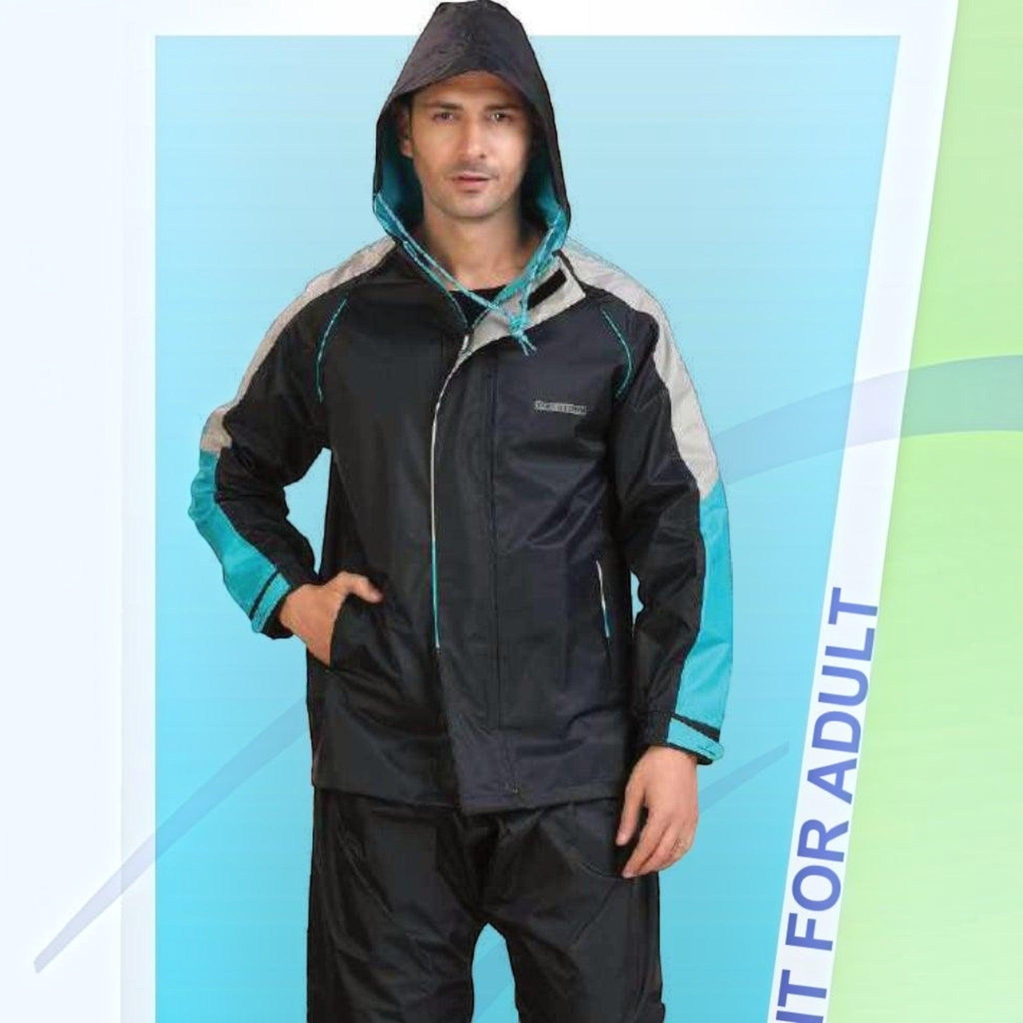 City Center Top n Town waterproof rain suit in black with blue and grey accents, featuring a hooded jacket and trousers.