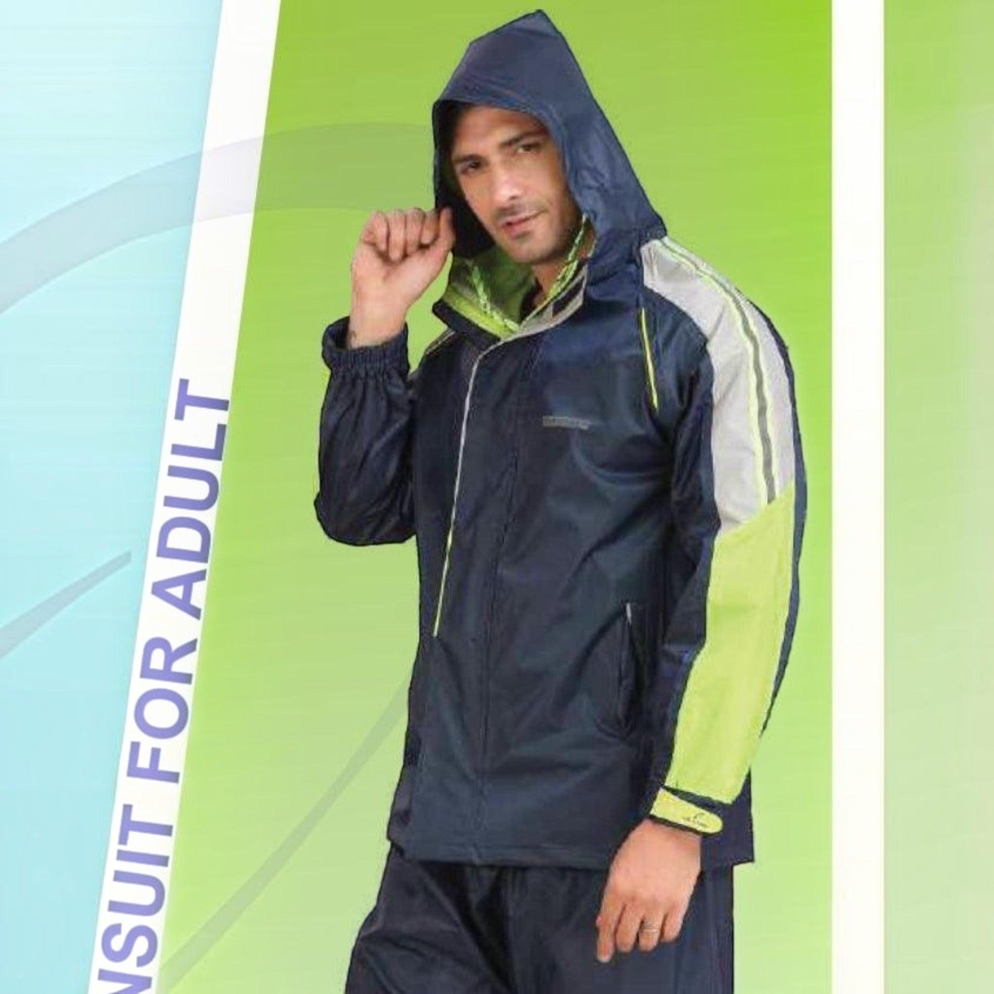 City Center Top n Town waterproof rain suit with reflective shoulder strips, hooded jacket, and high-visibility accents.