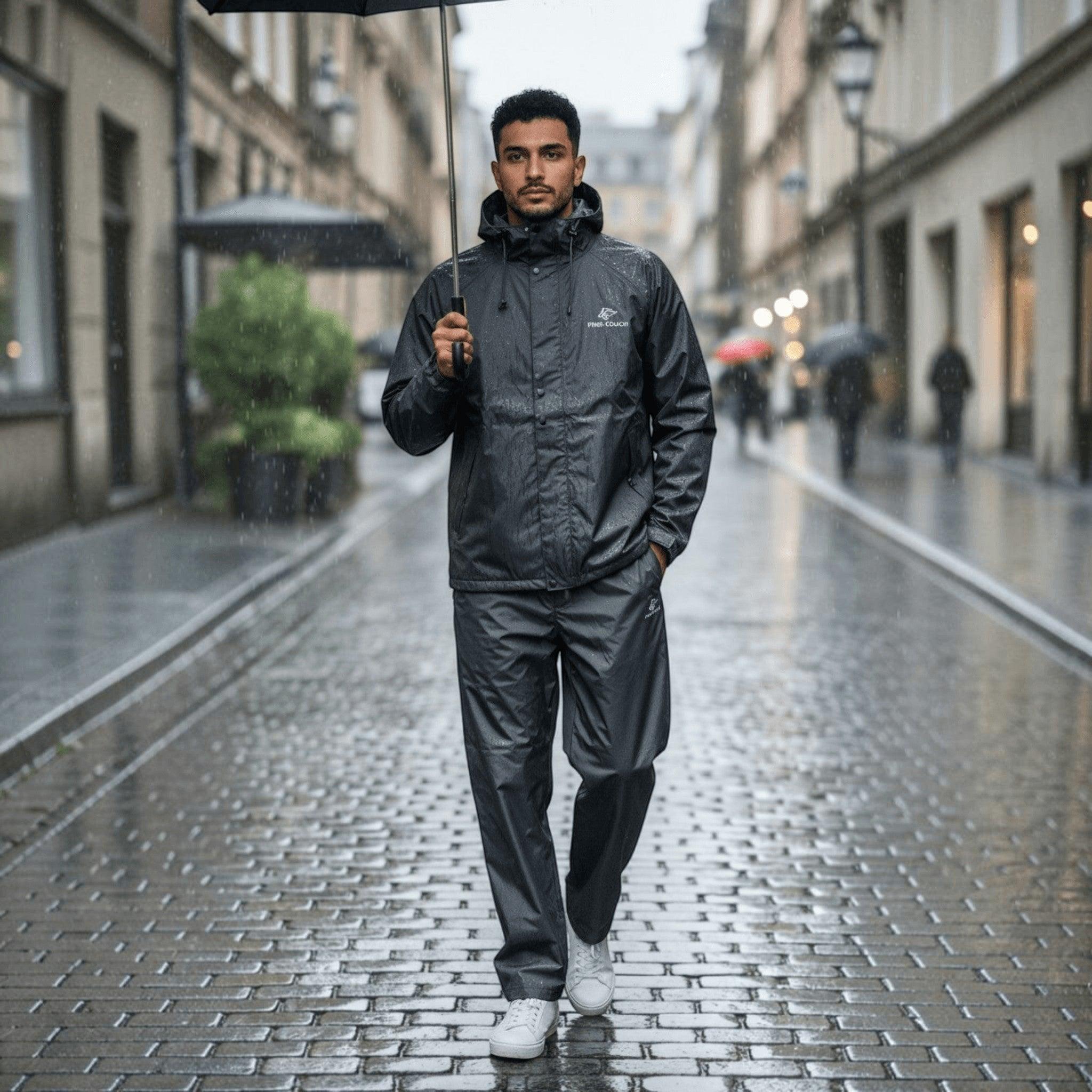 City Center Fine Touch waterproof raincoat in black worn by a man holding an umbrella on a rainy city street.