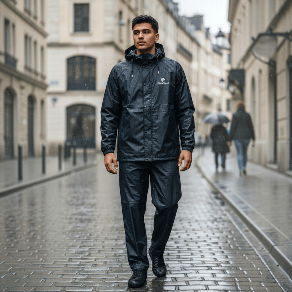 City Center waterproof raincoat worn by a man walking on a rainy city street, featuring a hood and durable fabric.
