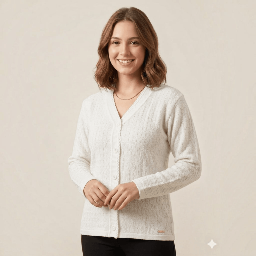 City Center white V-neck button-down cardigan sweater in a soft, lightweight knit fabric worn by a smiling woman.