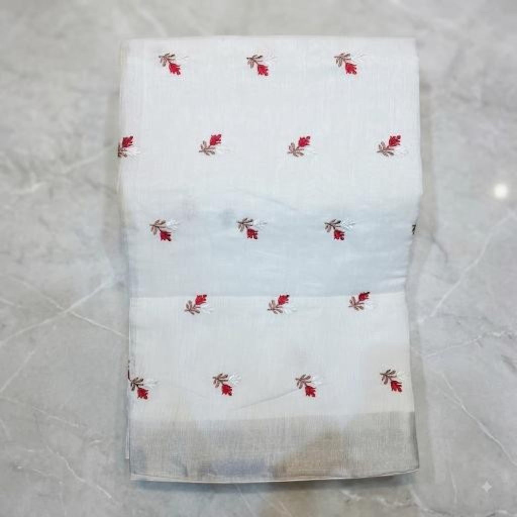 City Center white handwoven South cotton saree with small red floral embroidery and a subtle grey border