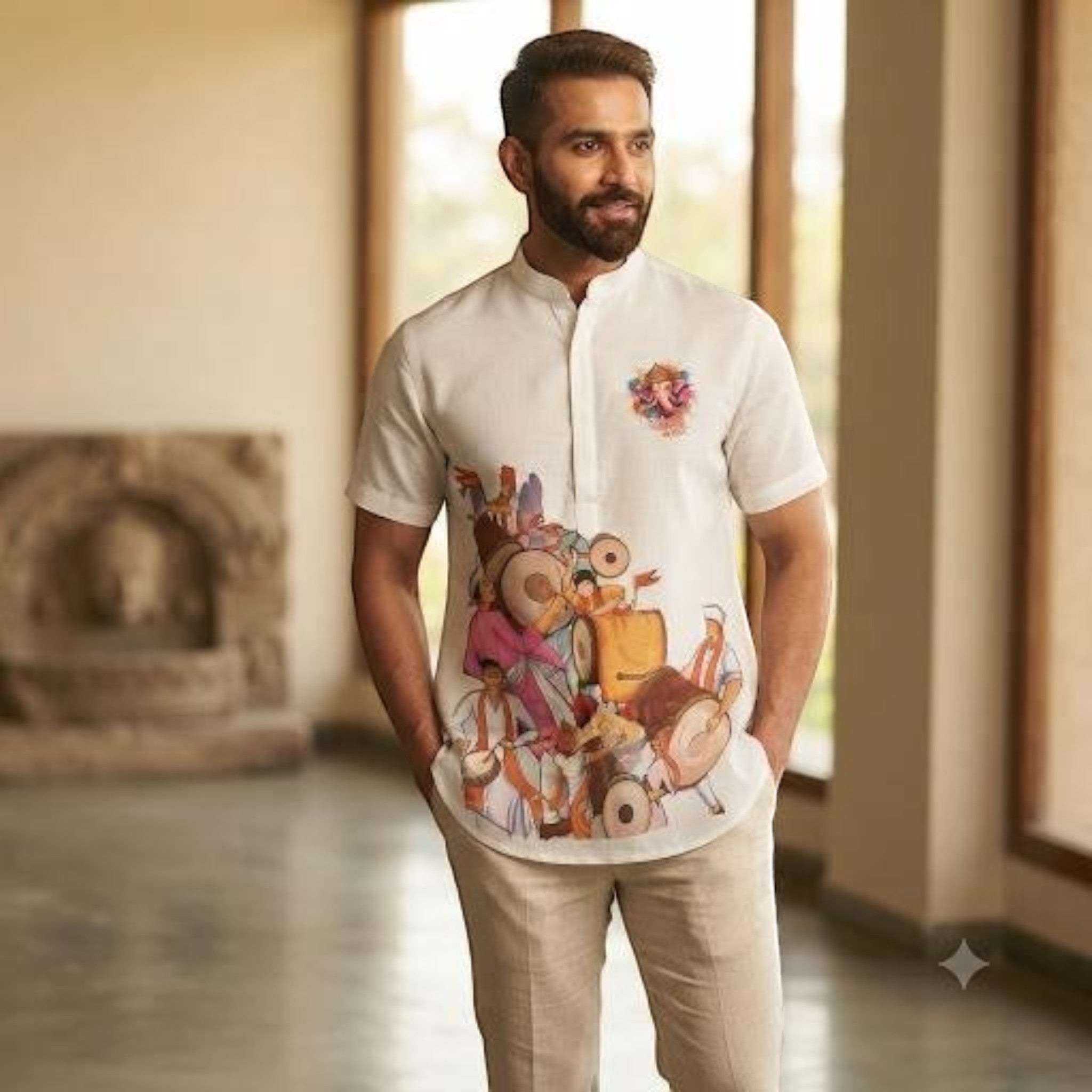 City Center men's white short-sleeve kurta with festive Ganesha and dhol player print for Ganesh Chaturthi