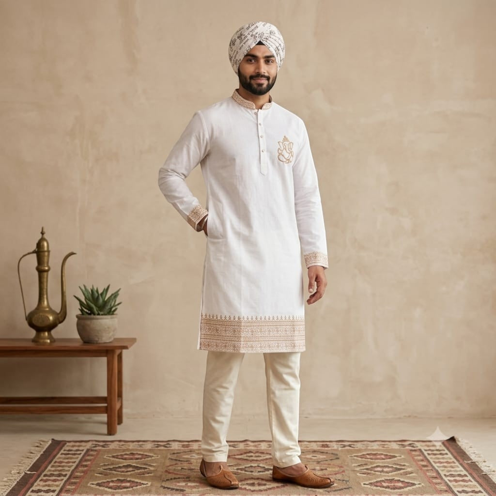 City Center white cotton kurta with gold Ganesha embroidery, worn by a man in a turban and cream trousers.