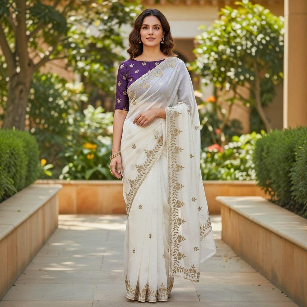 City Center white organza saree with gold beadwork and a contrasting purple embroidered blouse worn by a woman