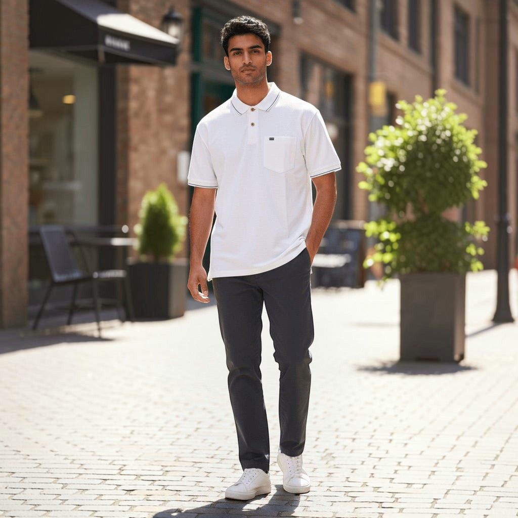 City Center model wearing a white short-sleeve polo shirt with a chest pocket and dark trousers on a city street.