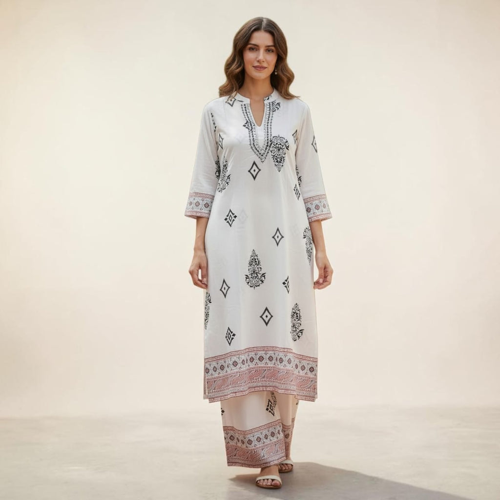 City Center premium 2-piece co-ord set featuring a white tunic with black geometric prints and matching wide-leg pants