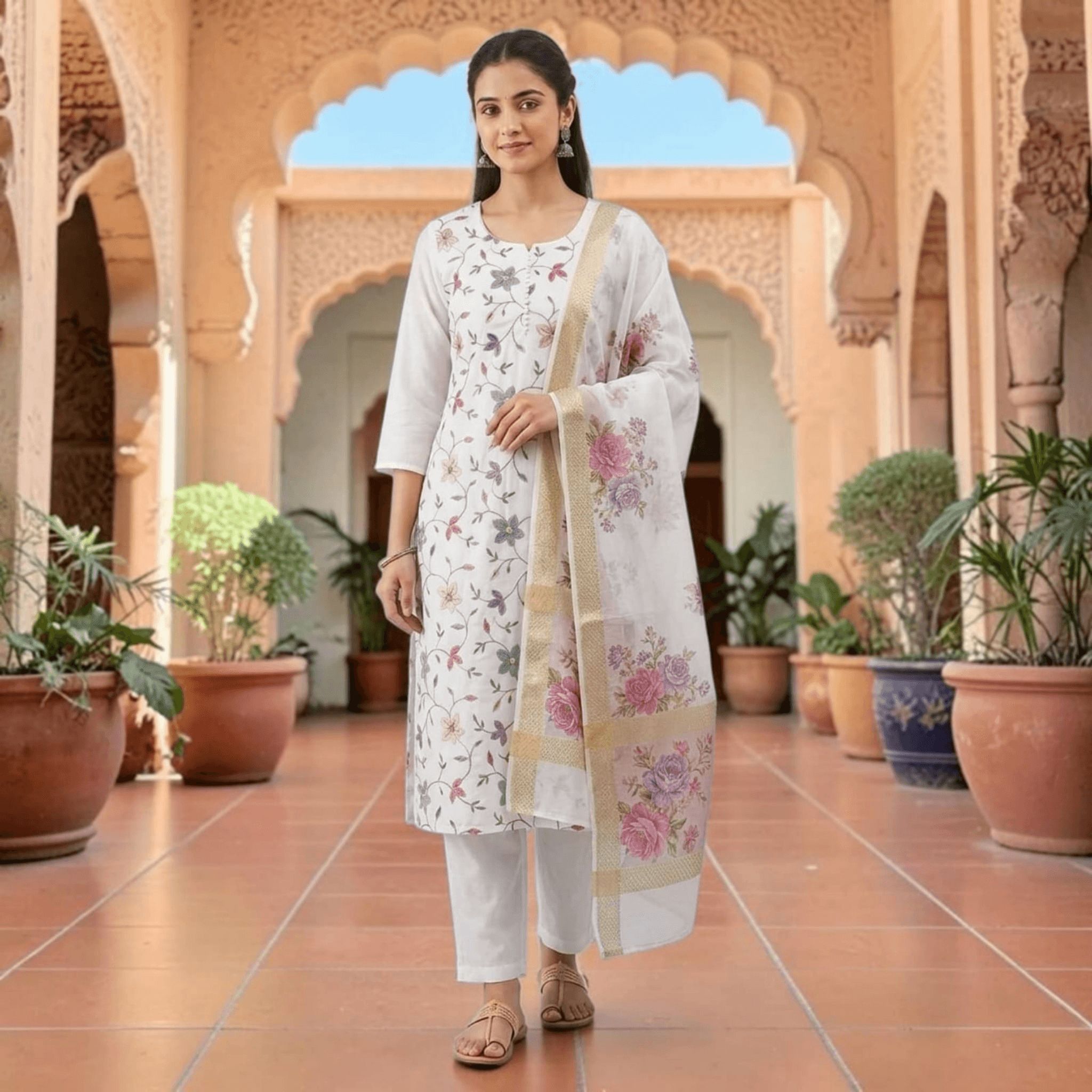 City Center white silk kurta set with floral embroidery, matching pants, and a designer dupatta for festive wear.