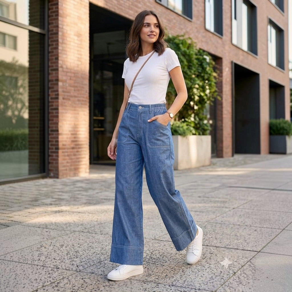 City Center wide-leg blue jeans with patch pockets worn by a woman with a white t-shirt and sneakers on a city street.