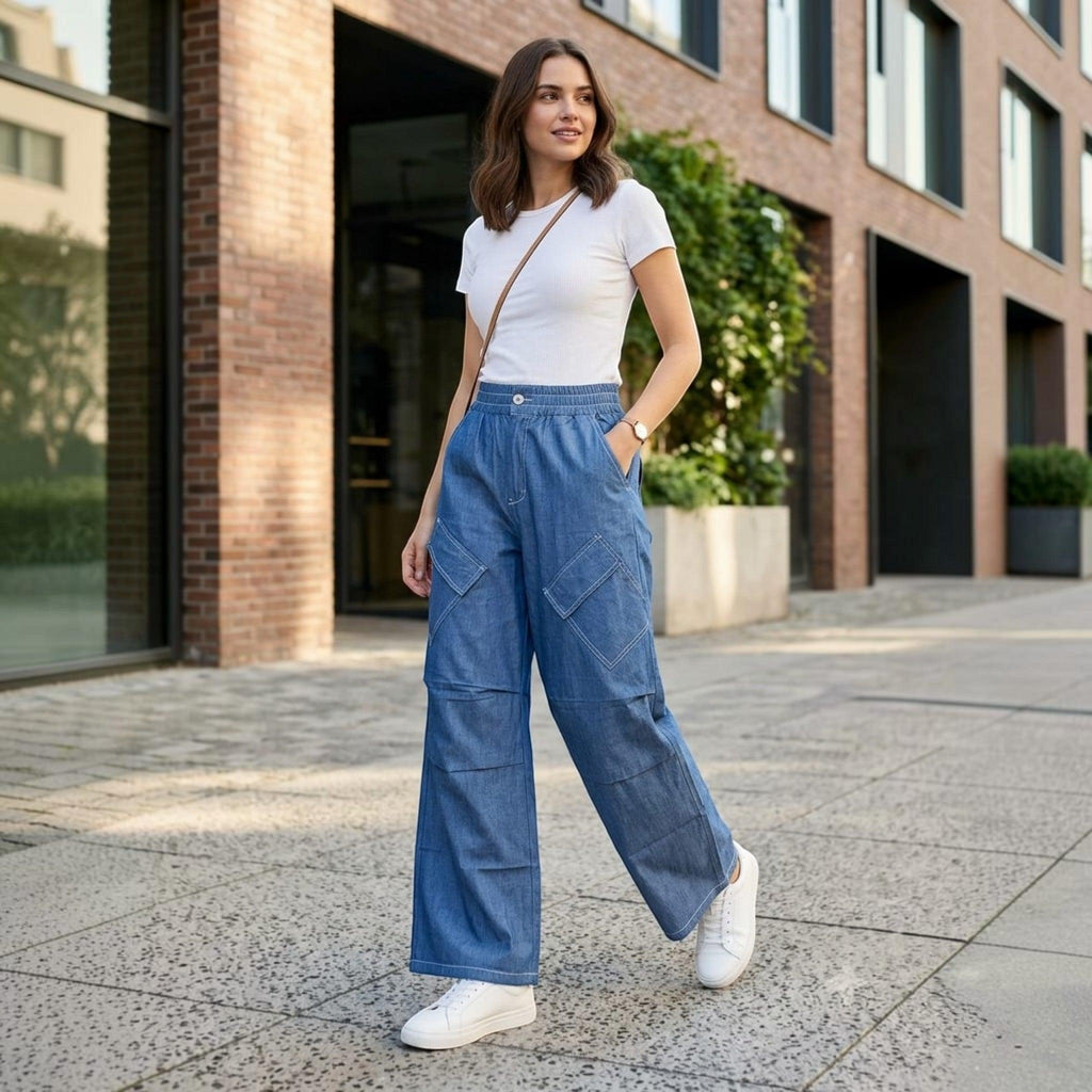 City Center wide-leg blue denim jeans with cargo pockets worn by a woman with a white t-shirt on a city street
