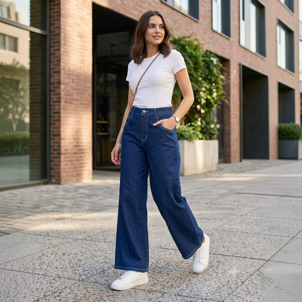 City Center high-waisted wide-leg blue jeans worn by a woman with a white t-shirt and sneakers on a city sidewalk.