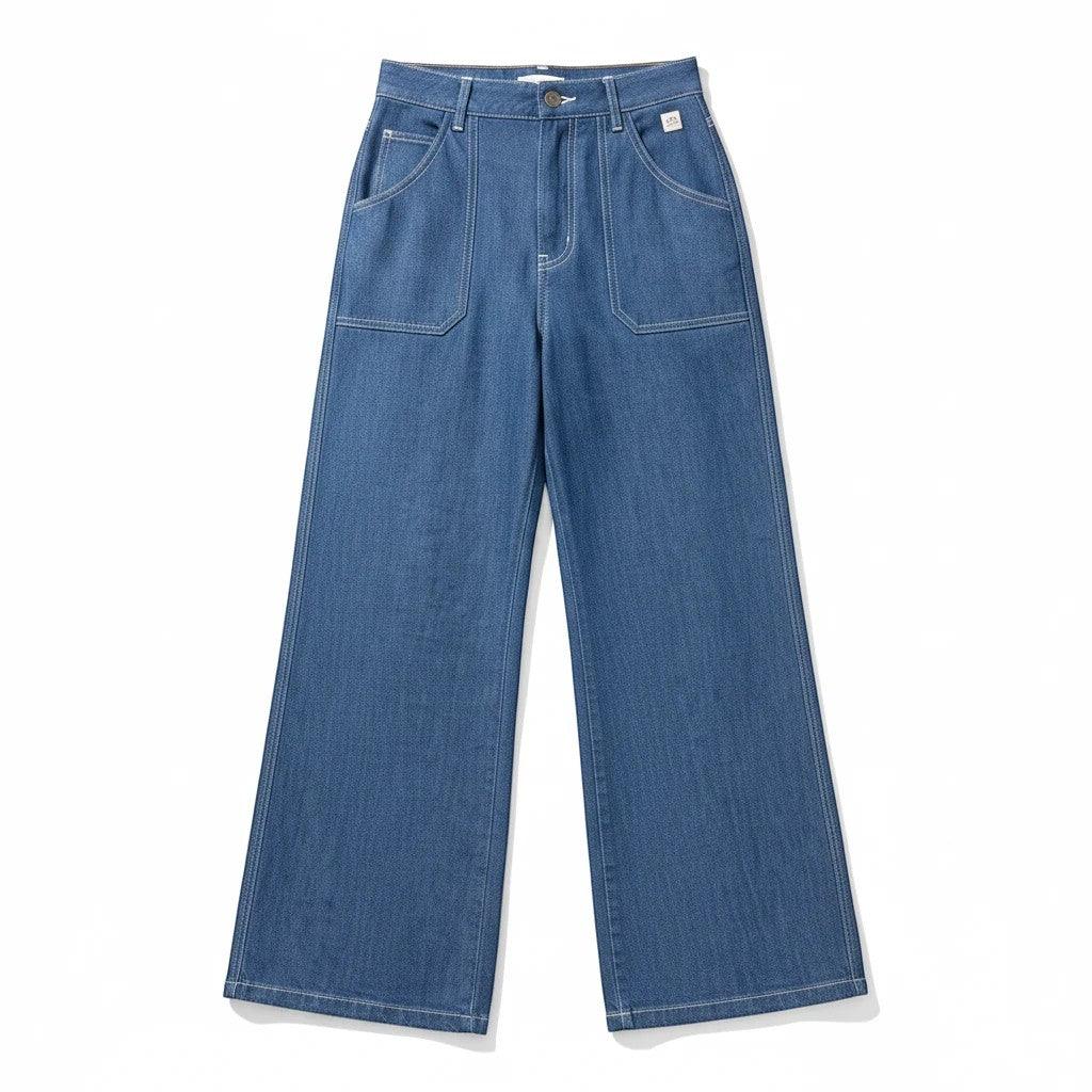 City Center high-waisted blue wide-leg jeans with front patch pockets and white contrast stitching.