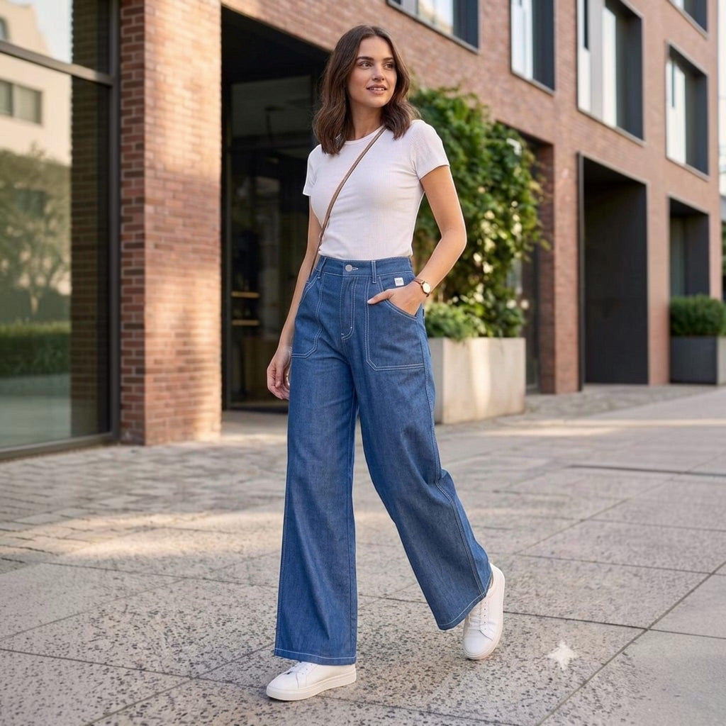 City Center high-waisted wide-leg blue jeans worn by a woman with a white t-shirt and sneakers on a city street.
