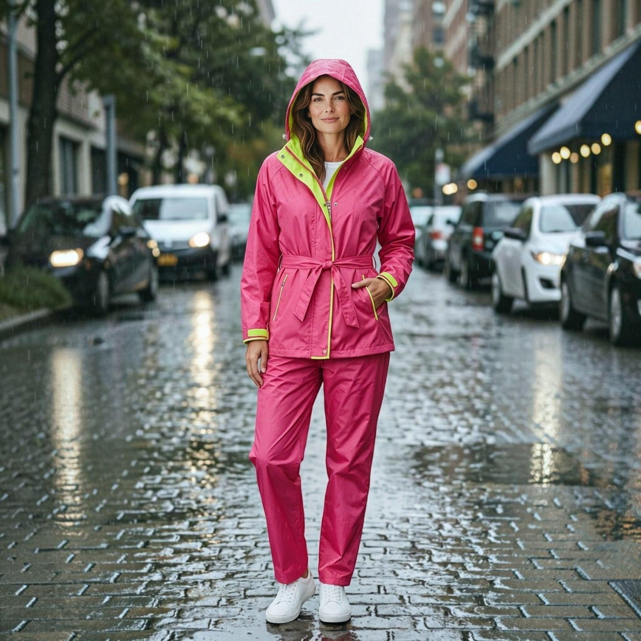 City Center women's pink waterproof raincoat set with lime green lining, hood, and belt, worn on a rainy city street.