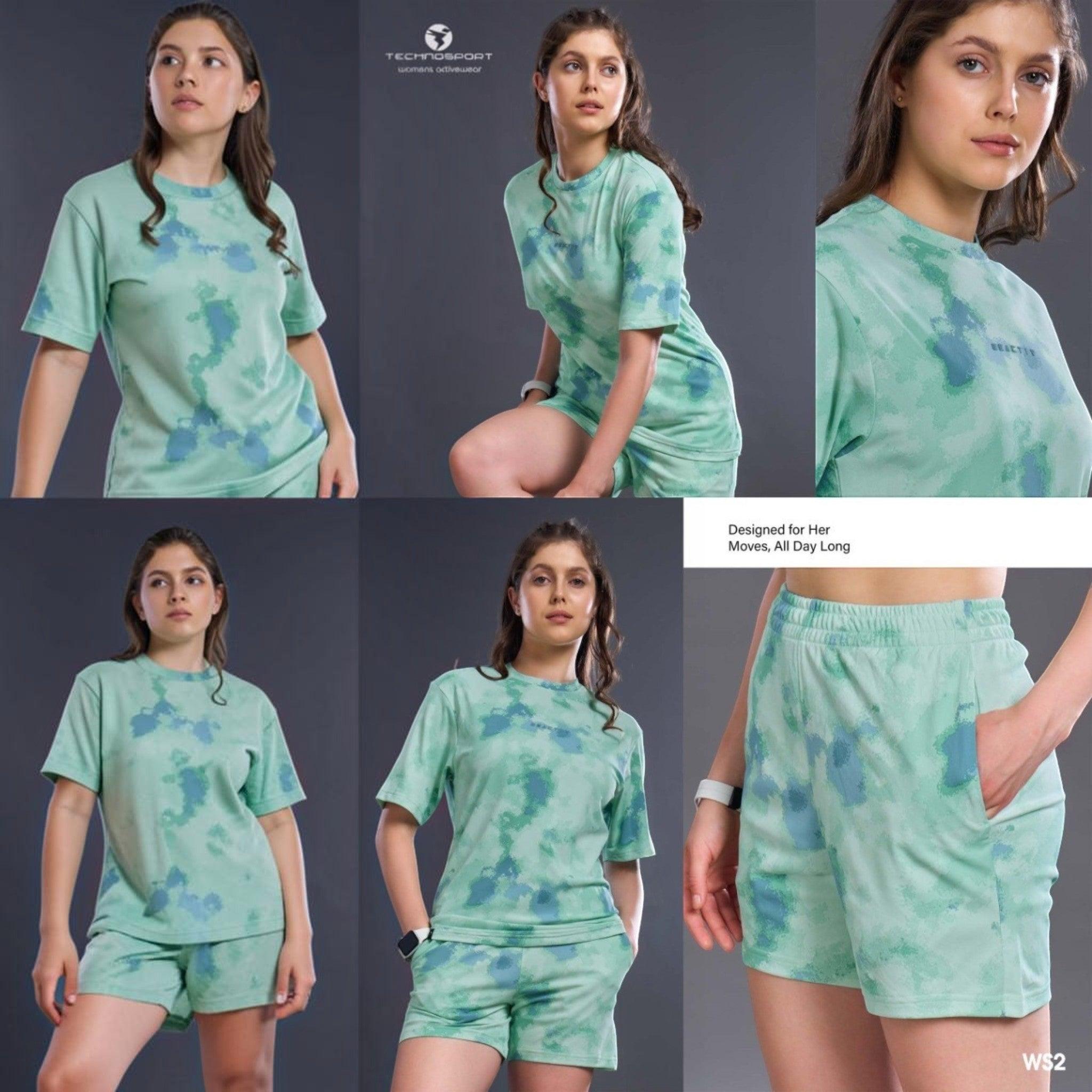 City Center Technosport women's activewear set featuring a mint green and blue abstract tie-dye t-shirt and shorts.