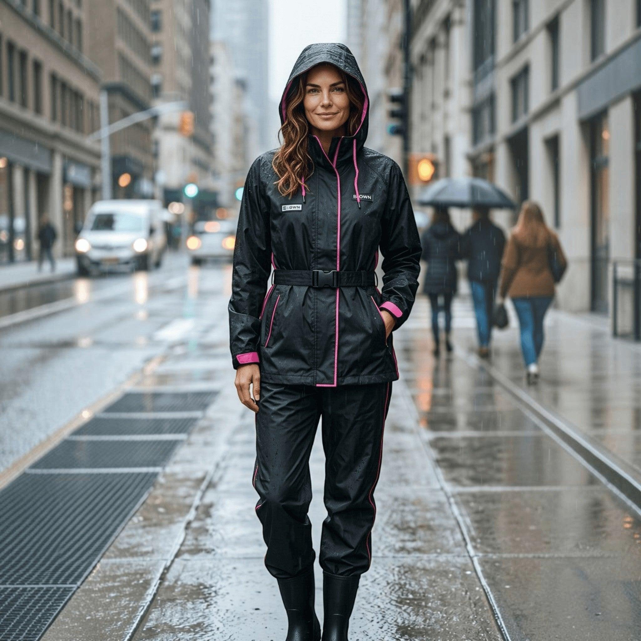 City Center woman wearing a black waterproof raincoat set with pink accents and a hood, walking on a rainy city street.
