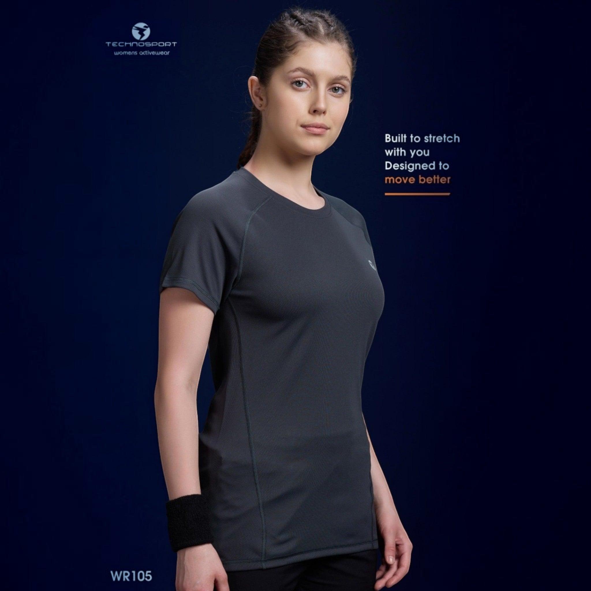 City Center WR105 Technosports women's charcoal grey moisture-wicking activewear t-shirt with 4-way stretch fabric.