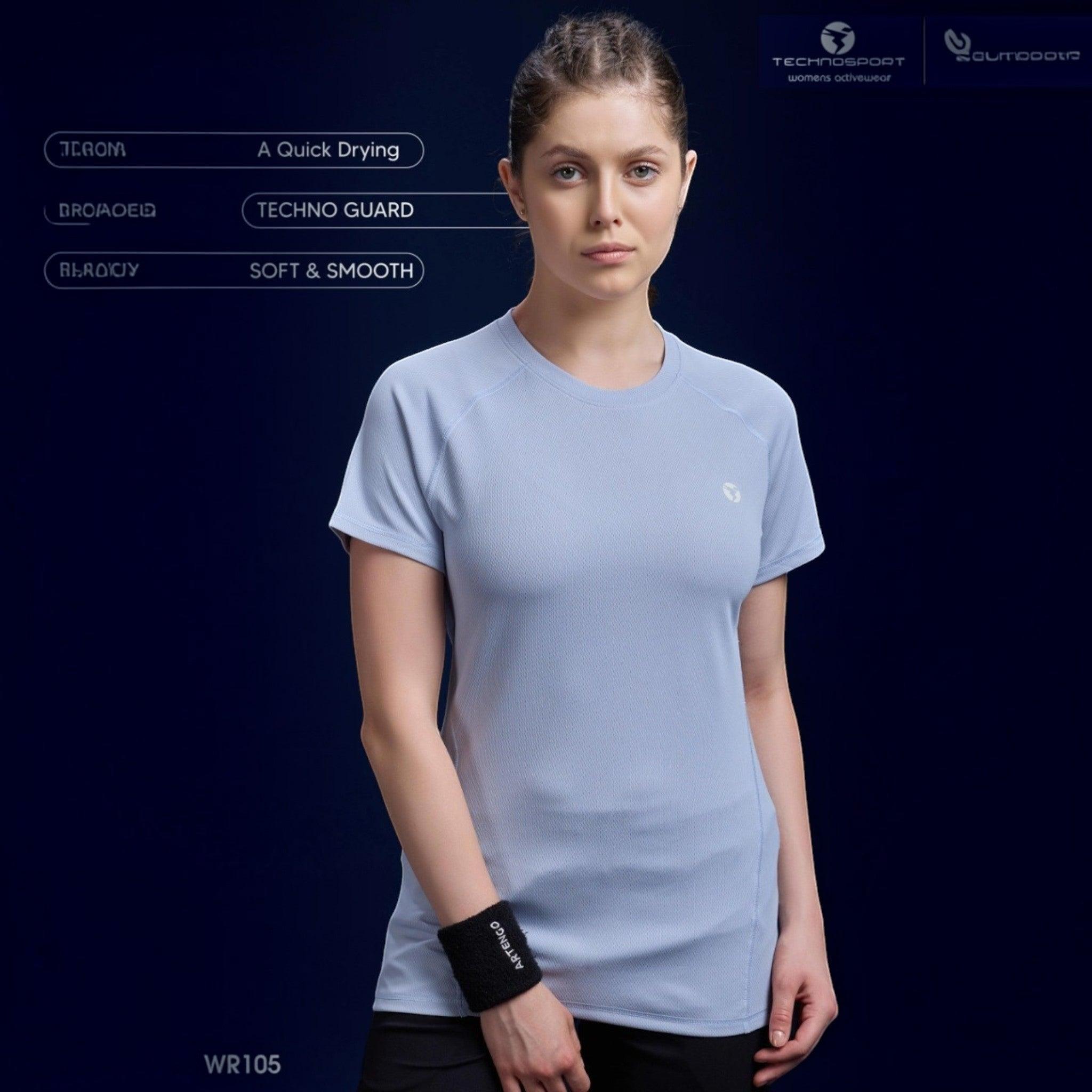 City Center WR105 Technosports women's light blue moisture-wicking activewear t-shirt on a model