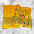 City Center yellow saree with intricate Aari work blouse featuring floral embroidery and gold zari border details