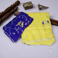 City Center MotiCrunch saree in vibrant yellow and royal blue crinkle fabric with intricate pearl bird embroidery